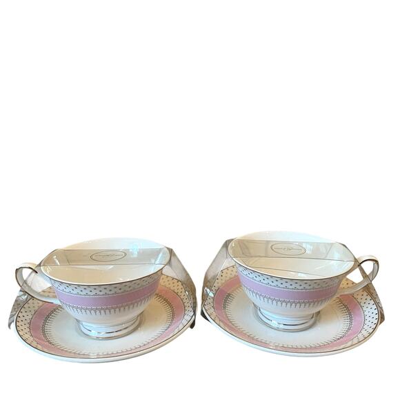 NEW Grace Teaware Porcelain Pink Stripe Gold Dots Teacup & Saucer Set of 2 - Picture 2 of 15